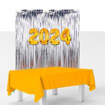 Kit festa Ano Novo Balão 2024 +Toalha Amarela +Cortina prata