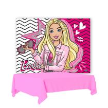 Kit festa Barbie Decoração Toalha Plástica Rosa+ Painel TNT
