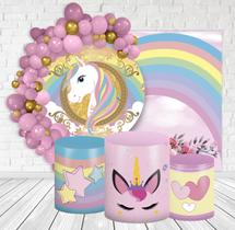 Kit Festa Casado Painéis + Capa Para Cilindros Unicórnio Arco Íris -IMPAKTO VISUAL Kit Festa Casado Painéis + Capa Para Cilindros Unicórnio Arco Íris -IMPAKTO VISUAL