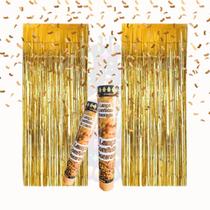 Kit Festa COMEMORAÇÃO Lança Confete + Cortina Metalizada PRATA e/ou DOURADA.