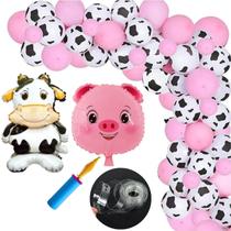 Kit Festa Decoração Fazendinha: 50 Balões Látex Vaquinha e Rosa + Bomba + Balão Porquinho + Fita Arco 5m