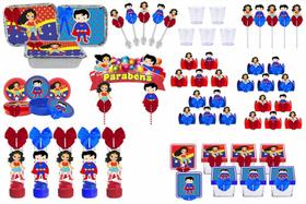 Kit festa decorado Mulher Maravilha Baby e Super Man Baby 191 peças (20 pessoas)