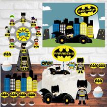 Kit festa em casa decoração aniversário Batman só um bolinho banner, topo de bolo, tags doces e display