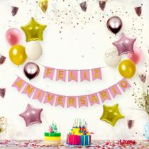 Kit Festa! Feliz Aniversário - Balões + Faixa Bandeirinhas Decorativa Enfeite