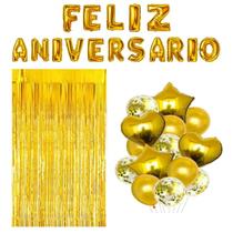 Kit Festa Feliz Aniversário Completa Dourado com Balões