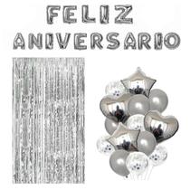 Kit Festa Feliz Aniversário Completa Prata com Balões 31 peças Kit Festa Feliz Aniversário Completa Prata com Balões 31 peças