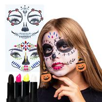 Kit Festa Halloween Maquiagem: 1 Batom Preto + 1 Branco + 2 Neon + 2 Cartelas Face Jewels + 1 Par Brinco Divertido Kit Festa Halloween Maquiagem: 1 Batom Preto + 1 Branco + 2 Neon + 2 Cartelas Face Jewels + 1 Par Brinco Divertido