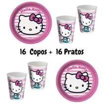 Kit Festa Hello Kitty 16 Copos 200 ml + 16 Pratos 18 cm Festcolor - Produto Licenciado