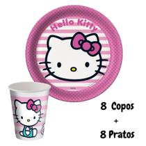 Kit Festa Hello Kitty 8 Copos 200 ml + 8 Pratos 18 cm Festcolor - Produto Licenciado