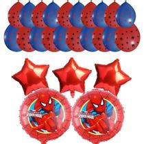 Kit Festa Homem-Aranha, 2 Balões Metálicos 45cm, 3 Estrelas Vermelhas + 20 Balões Látex 9 Polegadas Azul E Vermelho