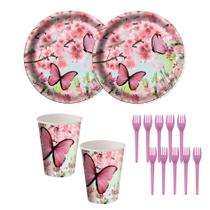 Kit Festa Jardim das Borboletas 8 Copos 8 Pratos 10 Garfos Festcolor - Inspire sua Festa
