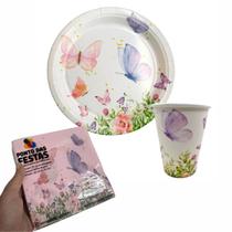 Kit Festa Jardim das Borboletas 8 Copos + 8 Pratos + 20 Guardanapos - Ponto das Festas