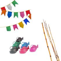 Kit Festa Junina 5 Varas de Pesca 20 Peixinhos e 40 Metros de Bandeirinhas