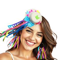 Kit Festa Junina: Acessório Cabelo Mini Chapéu + Brincos de Fita Colorido