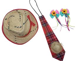 Kit festa junina com chapéu de palha malandrinho infantil, gravata e presilha