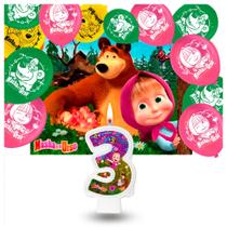 Kit festa Masha e o Urso Decoração Painel + Bexigas + vela 3 Kit festa Masha e o Urso Decoração Painel + Bexigas + vela 3