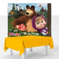 Kit festa Masha e o Urso Decoração Toalha Amarela + Painel