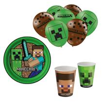 Kit Festa Minecraft 8 Copos 200 ml + 8 Pratos 18 cm + 25 Balões Festcolor - Produto Licenciado