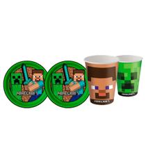 Kit festa Minecraft Decoração Aniversário Copos+Pratos 16pçs Kit festa Minecraft Decoração Aniversário Copos+Pratos 16pçs
