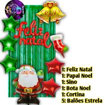 Kit Festa Natal Cortina, Balões Feliz Natal, Papai Noel, Arvore, Sino, Bota Decoração, Comemoração, Adereços,