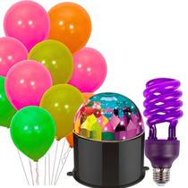 Kit Festa Neon Com Globo de Luz RGB Lâmpada UV e Balões 27pç