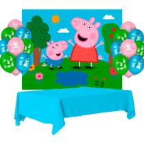 Kit festa Peppa Pig Decoração Painel +Toalha Azul + 25 Balão