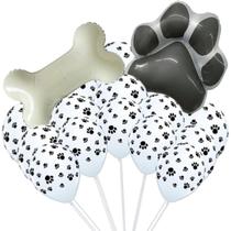 Kit Festa Pet: 2 Balões Metalizado Grandes Pata Dog E Ossinho + 25 Balões De Látex + 100 Pontos De Cola Adesivo P Balão