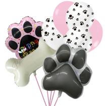 Kit Festa Pet: 2 Balões Metalizados Grandes Pata Dog E Ossinho + 50 Balões De Látex - Festa Decoração Cães