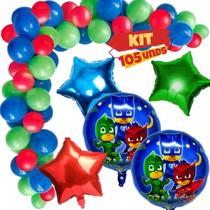 Kit Festa PJ Masks, 2 Balões Metalizados 45cm +3 Estrelas Metalizadas 45 cm+ 25/50/75/100 Balões Látex N9 Cores Sortidas