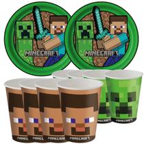 Kit Festa Pratos e Copos para Aniversário Comemoração - Jogo Minecraft - 8 un Cada - Festcolor Kit Festa Pratos e Copos para Aniversário Comemoração - Jogo Minecraft - 8 un Cada - Festcolor