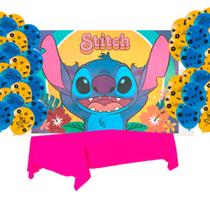 Kit festa Stitch Decoração Toalha Rosa +25 balões +Painel - Piffer