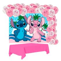 Kit festa Stitch Rosa Decoração Toalha + Painel + 25 Balões