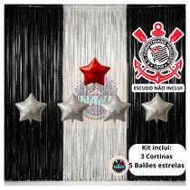Kit Festa Tema Corinthians, 3 Cortina Metalizada Preta e Branca e 5 Balões 9" Estrelas