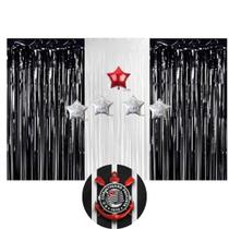 Kit Festa Tema Corinthians, 3 Cortina Metalizada Preta e Branca e 5 Balões 9" Estrelas Kit Festa Tema Corinthians, 3 Cortina Metalizada Preta e Branca e 5 Balões 9" Estrelas