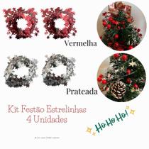 Kit Festão Fitinha de Estrelas 4 Unidades Vermelho e Prateado - Wincy Natal