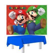 Kit Feta Super Mario Decoração Painel G+ Toalha de mesa azul