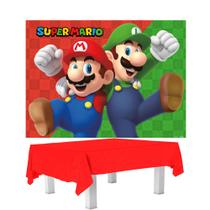 Kit Feta Super Mario Decoração Painel + Toalha mesa Vermelha - Fesctolor