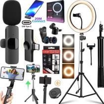 Kit Filmagem Ring Light Microfone Sem Fio Tipo-C Bastão Vídeo Profissional