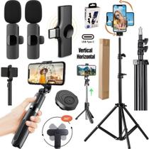 Kit Filmagem Tripé 2m Bastão Estabilizador Celular Microfone Lapela Duplo Sem Fio Tipo-C