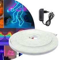 Kit Fita Tira Mangueira Flexível De Led Neon 5M Com Luz Branco Quente Para Corte De 2,5Cm Com Fonte 12V 3A