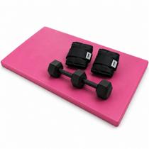 Kit Fitness Colchonete Rosa + Par 3kg Caneleira Peso Preto + Par 3Kg Halter Sextavado Academia