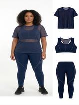 Kit Fitness Plus Size 3 Peças Azul Legging Bolso Top Tule Zero Transparência Academia Tamanho:G1Cor:Azul com listraGê