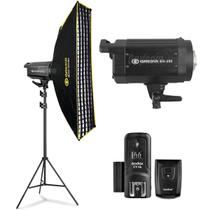Kit Flash Estúdio Greika 250w Com Radio Flash + Softbox Dobravel 30x120cm