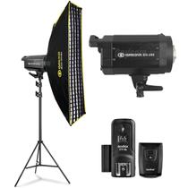 Kit Flash Estúdio Greika Eg-250w Com Radio Flash + Softbox Dobravel 30x120cm