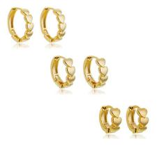 Kit Flora - Trio Brinco Argola Corações Lisos PMG Banhado em ouro 18k Kit Flora - Trio Brinco Argola Corações Lisos PMG Banhado em ouro 18k