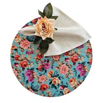 Kit Floral Azul 4 Lugares Capa Sousplat Guardanapo Anel PG