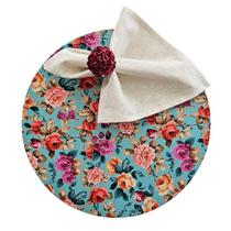 Kit Floral Azul 6 Lugares Capa Sousplat Guardanapo Anel PG