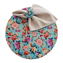 Kit Floral Azul 6 Lugares Capa Sousplat Guardanapo Anel PG