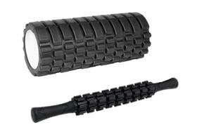Kit Foam Roller Preto Rolo Liberação Miofascial + Bastão De Massagem Stick Massagem - Fox Fit