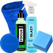 Kit Focus Restaurador Polidor Tira Mancha De Vidros Glazy Limpa Protege Vidro Pano Aplicador Vonixx